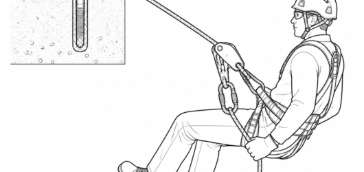 Correct: braking carabiner in the descender's designated attachment hole, tail rope routed through it, brake hand still on the rope.