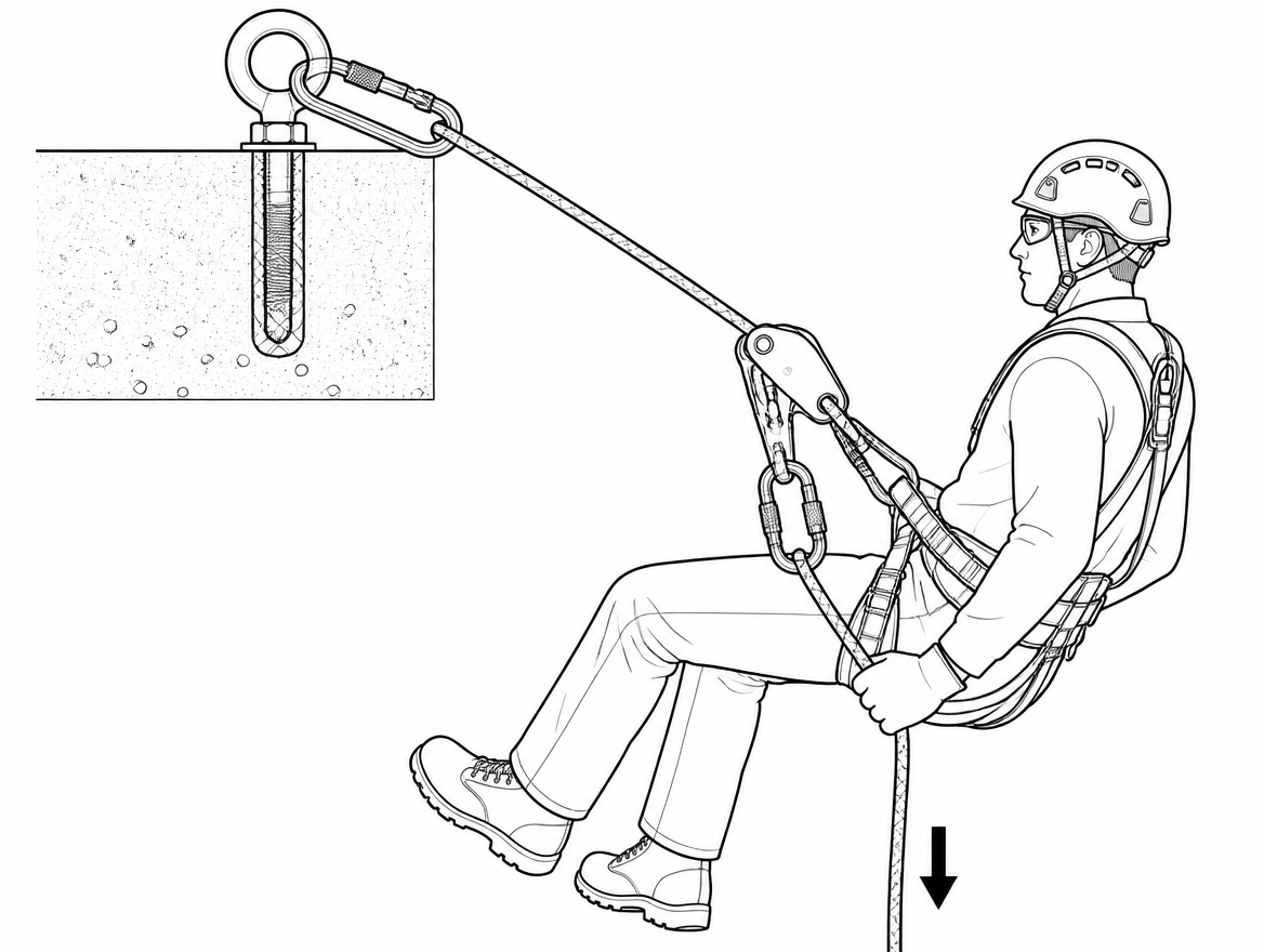 Correct: braking carabiner in the descender's designated attachment hole, tail rope routed through it, brake hand still on the rope.