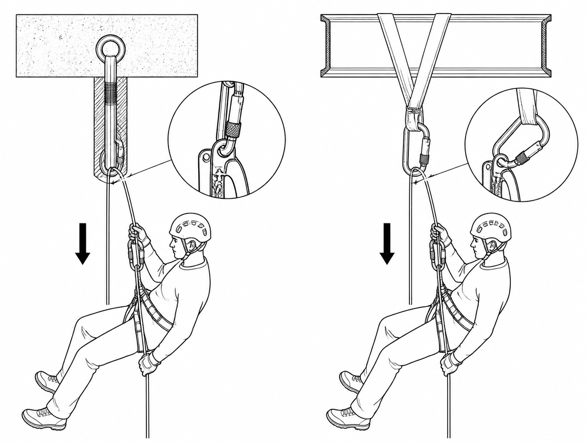 Left: correct braking point on the device. Right: incorrect — gear loops are not rated for functional loads and the connector is cross-loaded.
