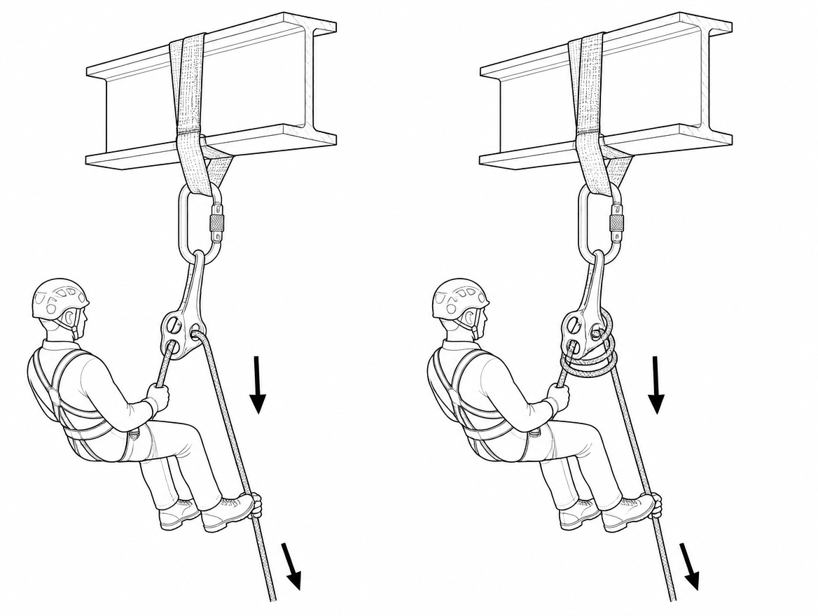 Adding a wrap through a braking connector lengthens the rope's friction path, so the same hand force on the tail produces more retardation.