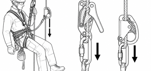 Additional braking sits on the working line only — the Type A backup device on the safety line must remain free to travel and lock.