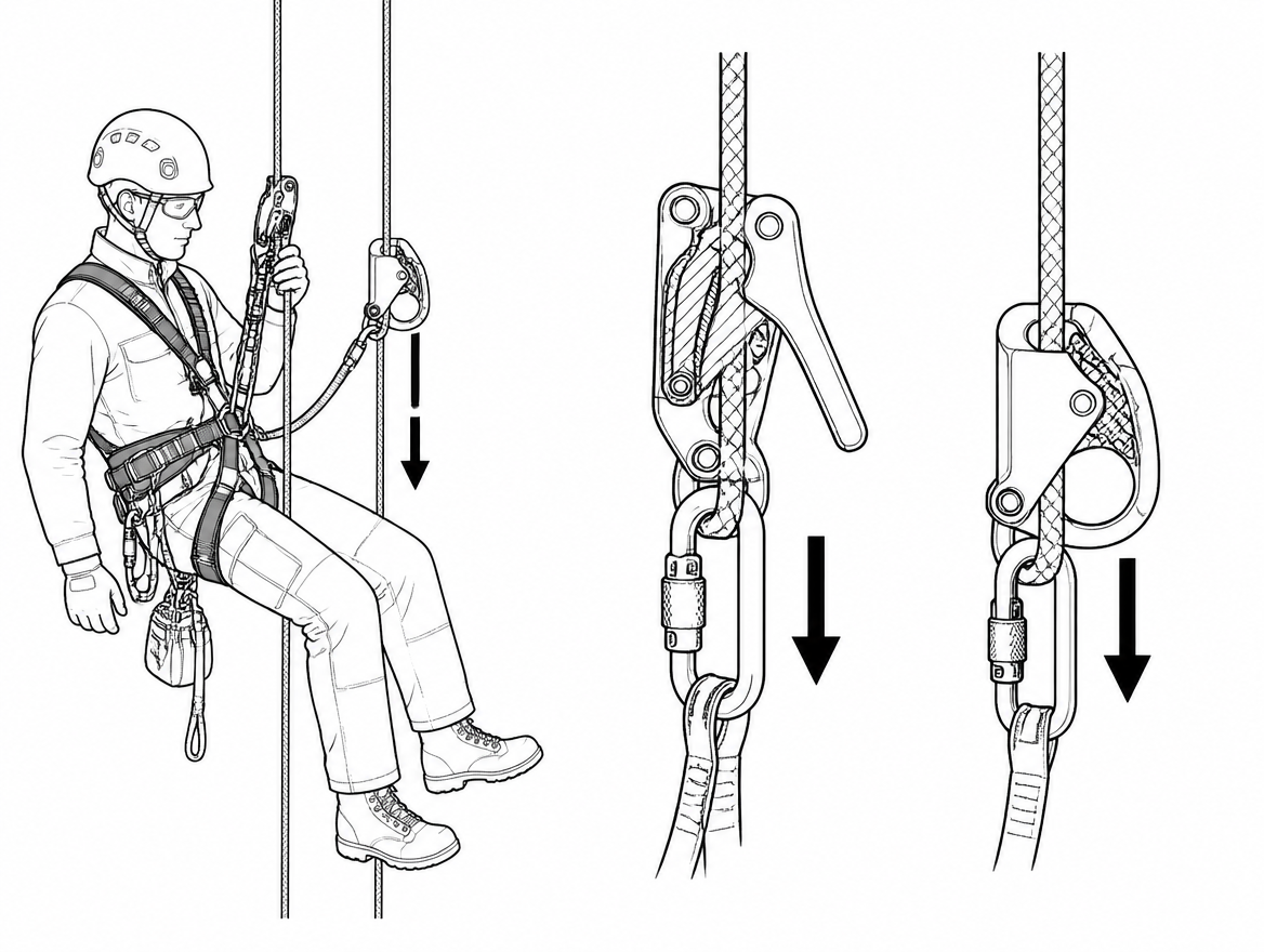 Additional braking sits on the working line only — the Type A backup device on the safety line must remain free to travel and lock.