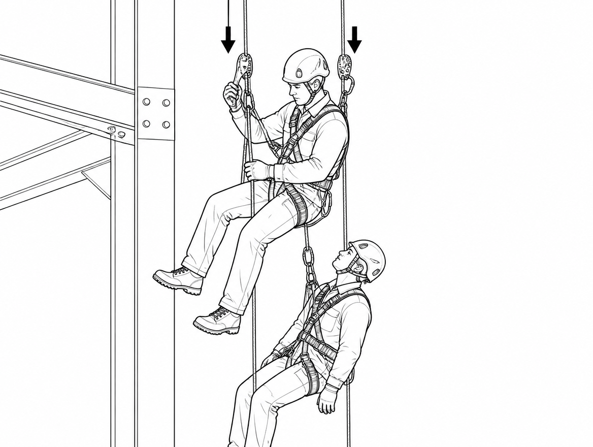 Two-person loads: confirm the device carries an EN 341:2011 rescue rating for that mass and rope, and rehearse with an equivalent load before relying on it.