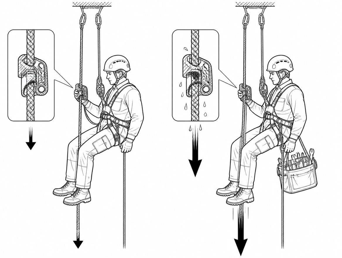 A descender that feels perfectly controlled on a dry 11 mm rope with a 75 kg operator can run noticeably faster on a wet 10 mm rope with a 110 kg operator carrying a tool bag. The 