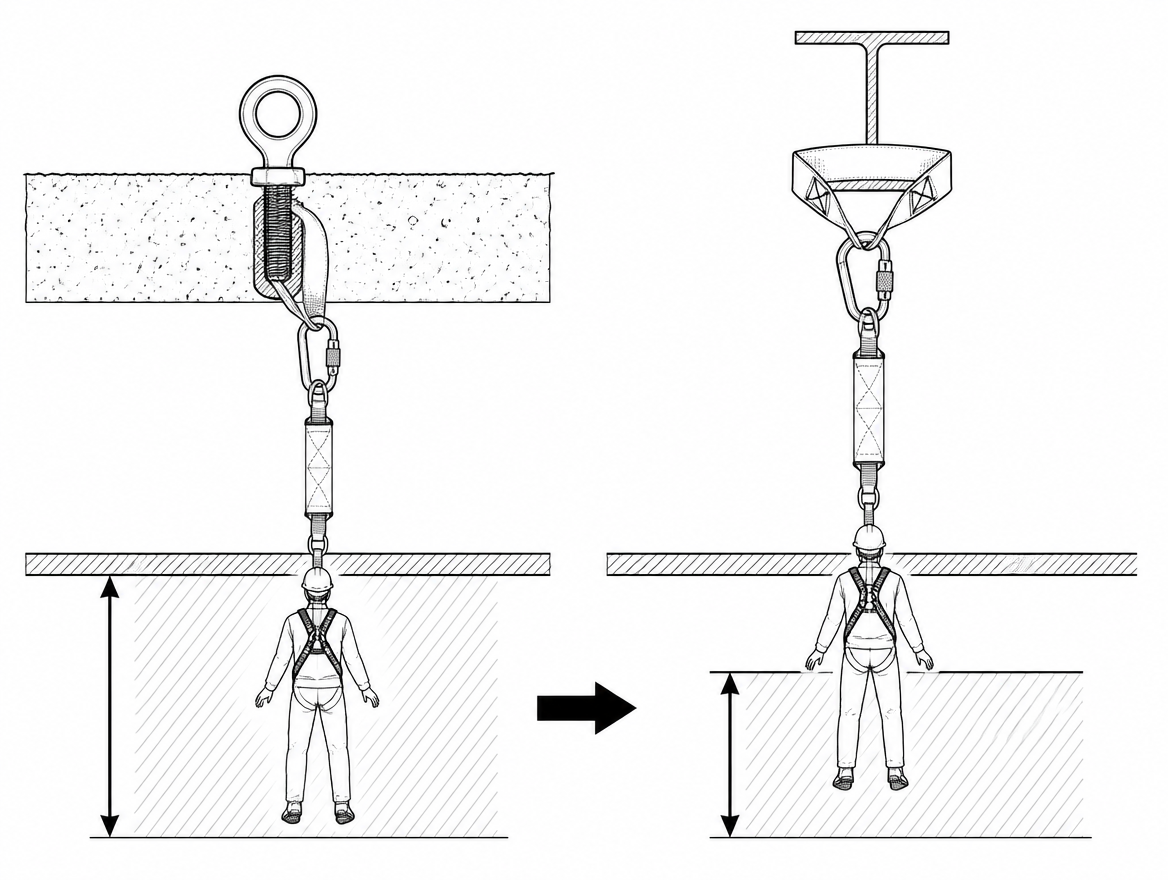 Raising the anchor converts required clearance into height above the platform, cutting the space needed underneath.