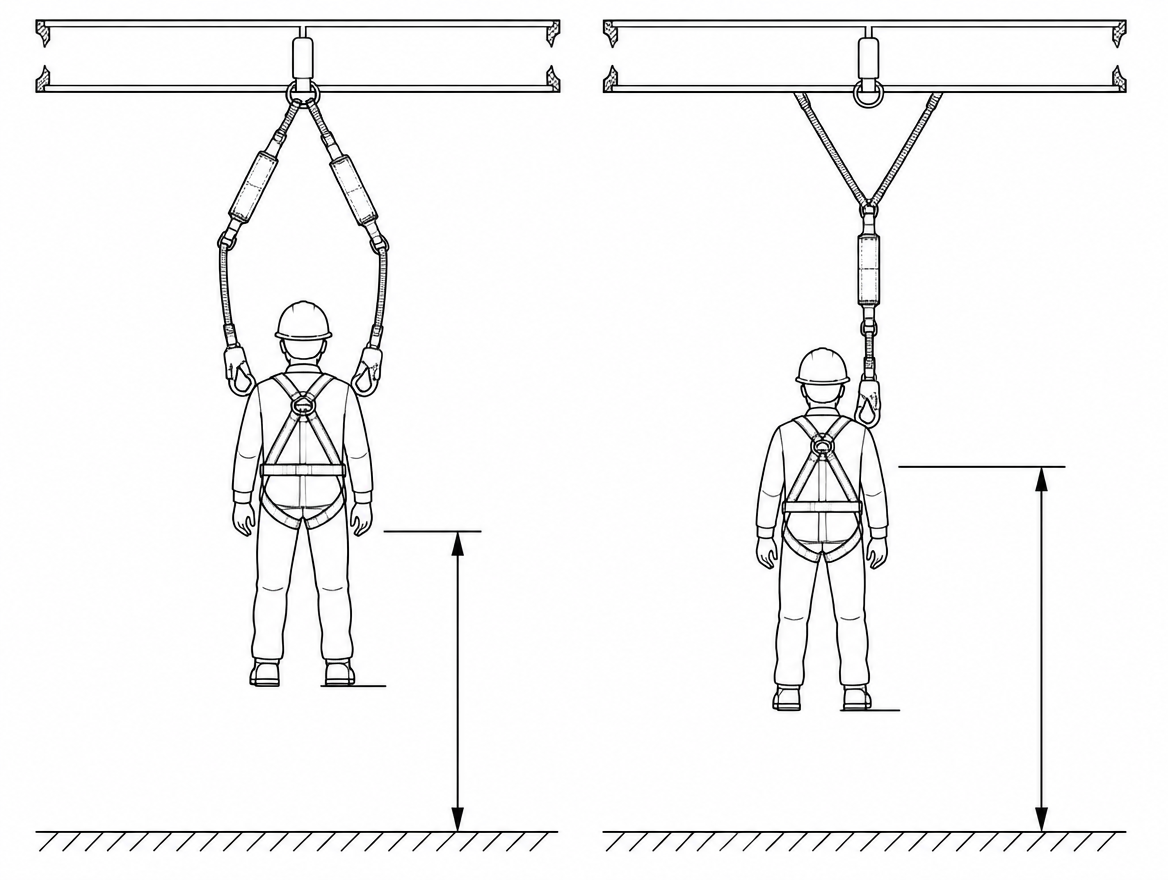 Y lanyards come in two constructions; the number and position of the absorber packs changes how clearance is calculated.