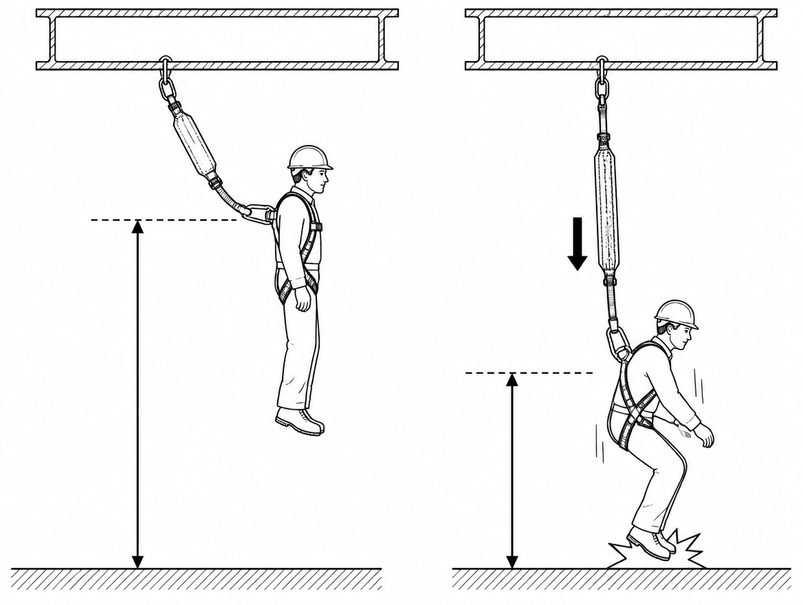 An energy-absorbing lanyard only works if there is enough empty space below the user for it to do its job. If the required clearance is not available, the absorber will not have de