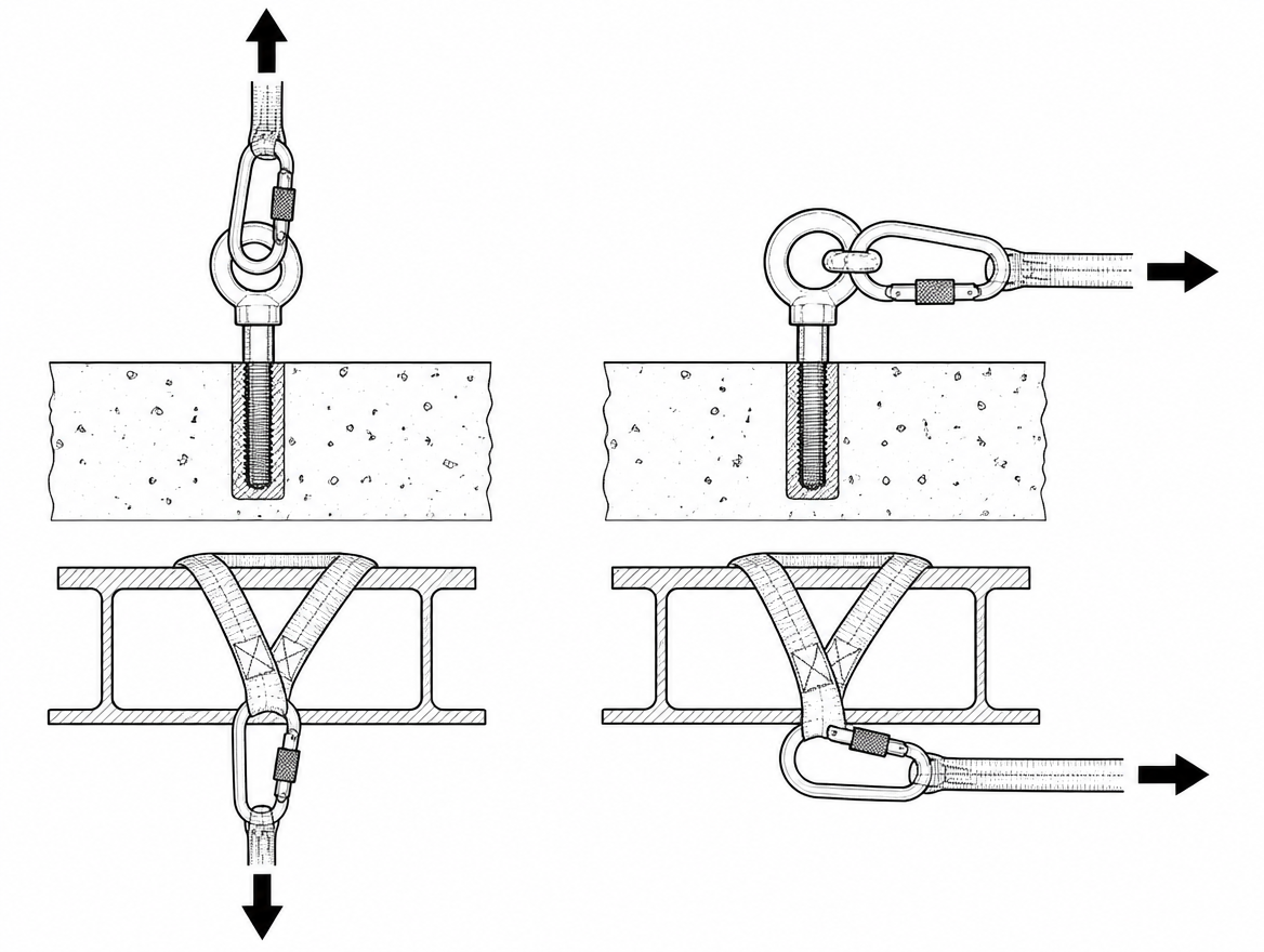 Correct: load in line with the spine, gate closed and locked . Incorrect: connector rotated so force presses across the gate — minor-axis strength is not certified for a Class B co
