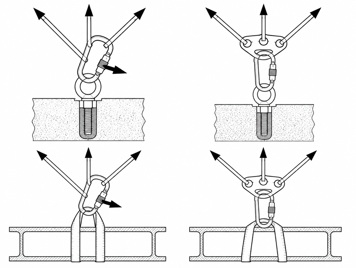 Three load paths in one connector force the gate outward; a rated multi-point plate keeps each load path independent and in line.