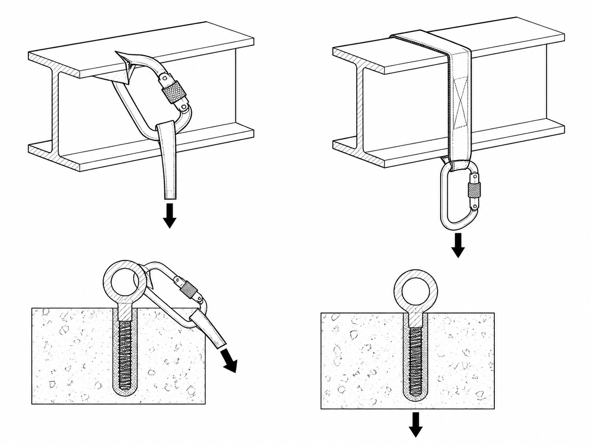 Incorrect: connector prised over a flange edge. Correct: rated anchor sling around the member, connector hanging free and in line with the load.