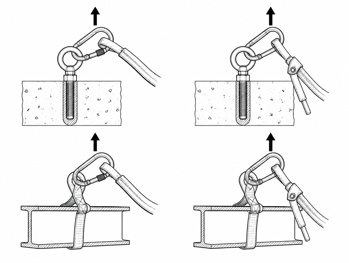 Incorrect: spare leg parked in the dorsal attachment point. Correct: spare leg on the designated keeper, which releases rather than carries load.