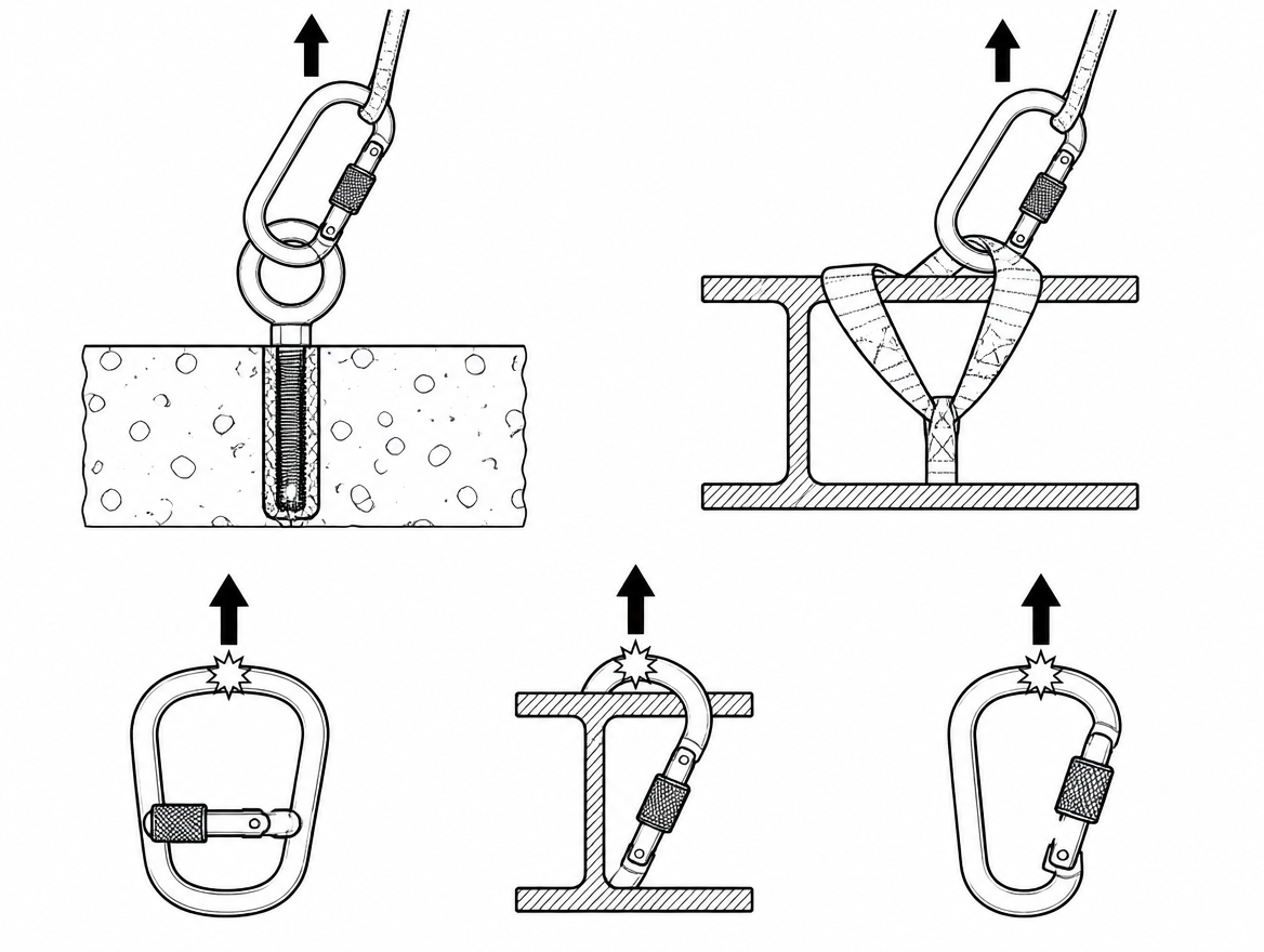 A connector rated at 15 kN on its major axis can fail at a small fraction of that figure if it is loaded across the gate, wedged over a beam flange, or left with the screw sleeve h