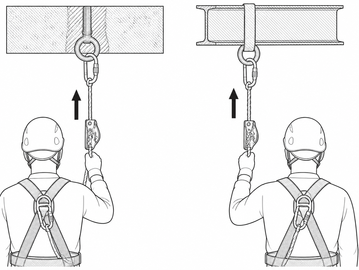 Correct: device oriented upward toward the anchor, connected only to the sternal or dorsal fall arrest attachment of an EN 361 harness.