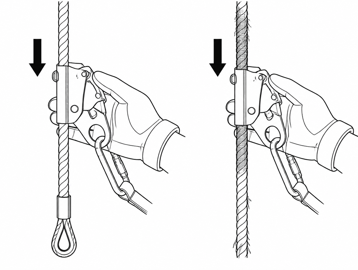 Left: serviceable line with intact sheath and lower end termination. Right: reject — abrasion, glazing, core damage and no end stop to prevent the device running off the line.
