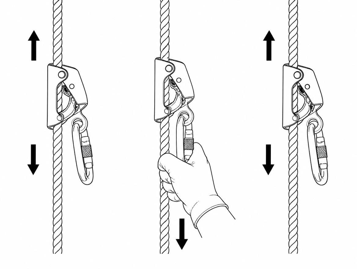 The three-part function test: free travel up and down, immediate lock-up under a brisk downward pull, then clean release and free travel again.