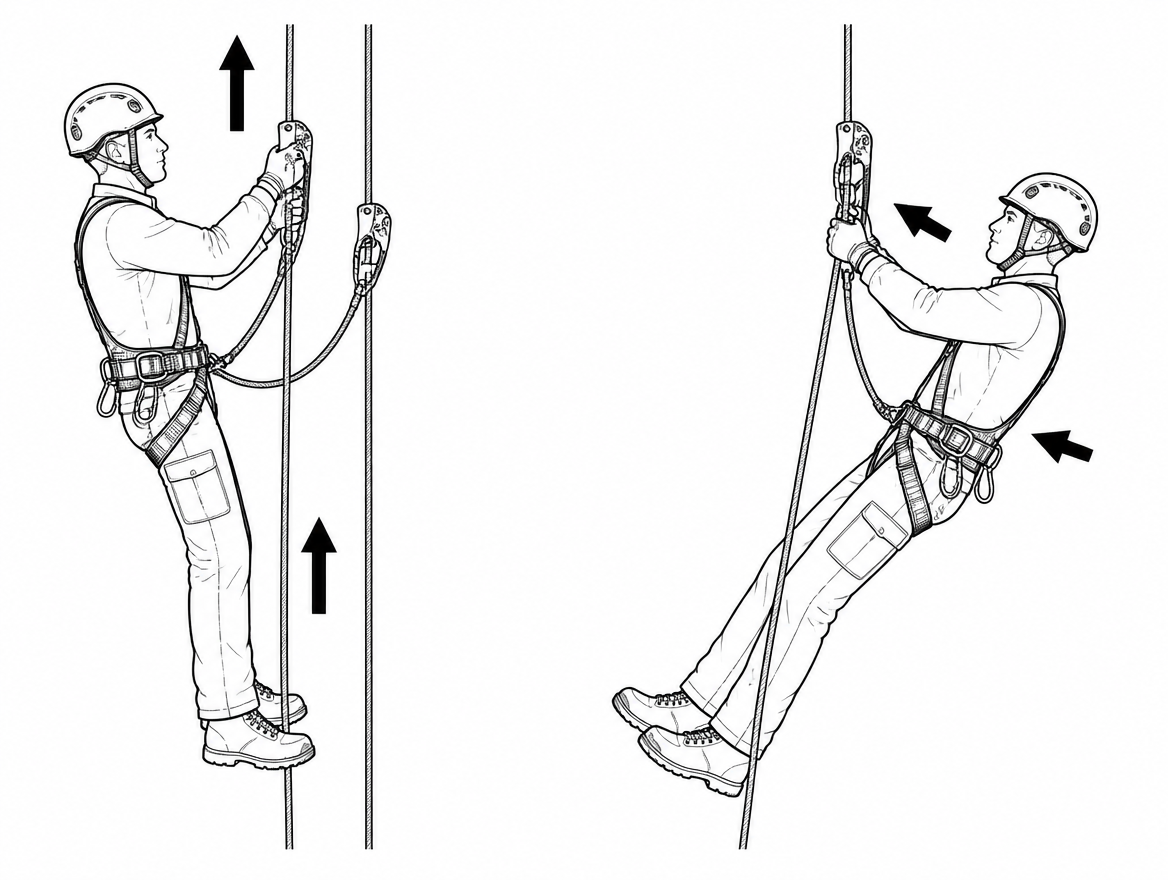 Correct: hips directly under the chest ascender and arms straight, so every push travels vertically. Incorrect: torso leaning back forces the arms to pull the body toward the rope.