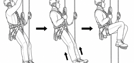 One efficient cycle: reach high, drive with the legs, then transfer the weight onto the chest ascender before drawing the knees up again.