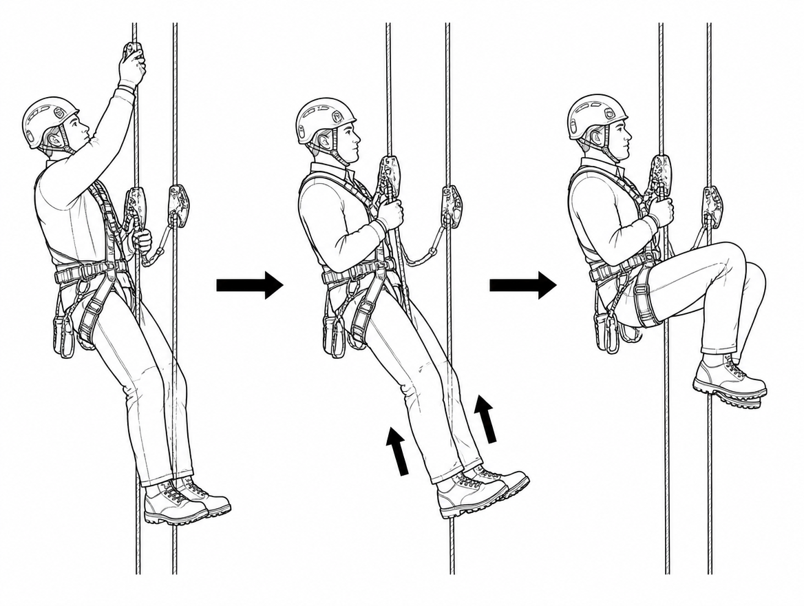 One efficient cycle: reach high, drive with the legs, then transfer the weight onto the chest ascender before drawing the knees up again.