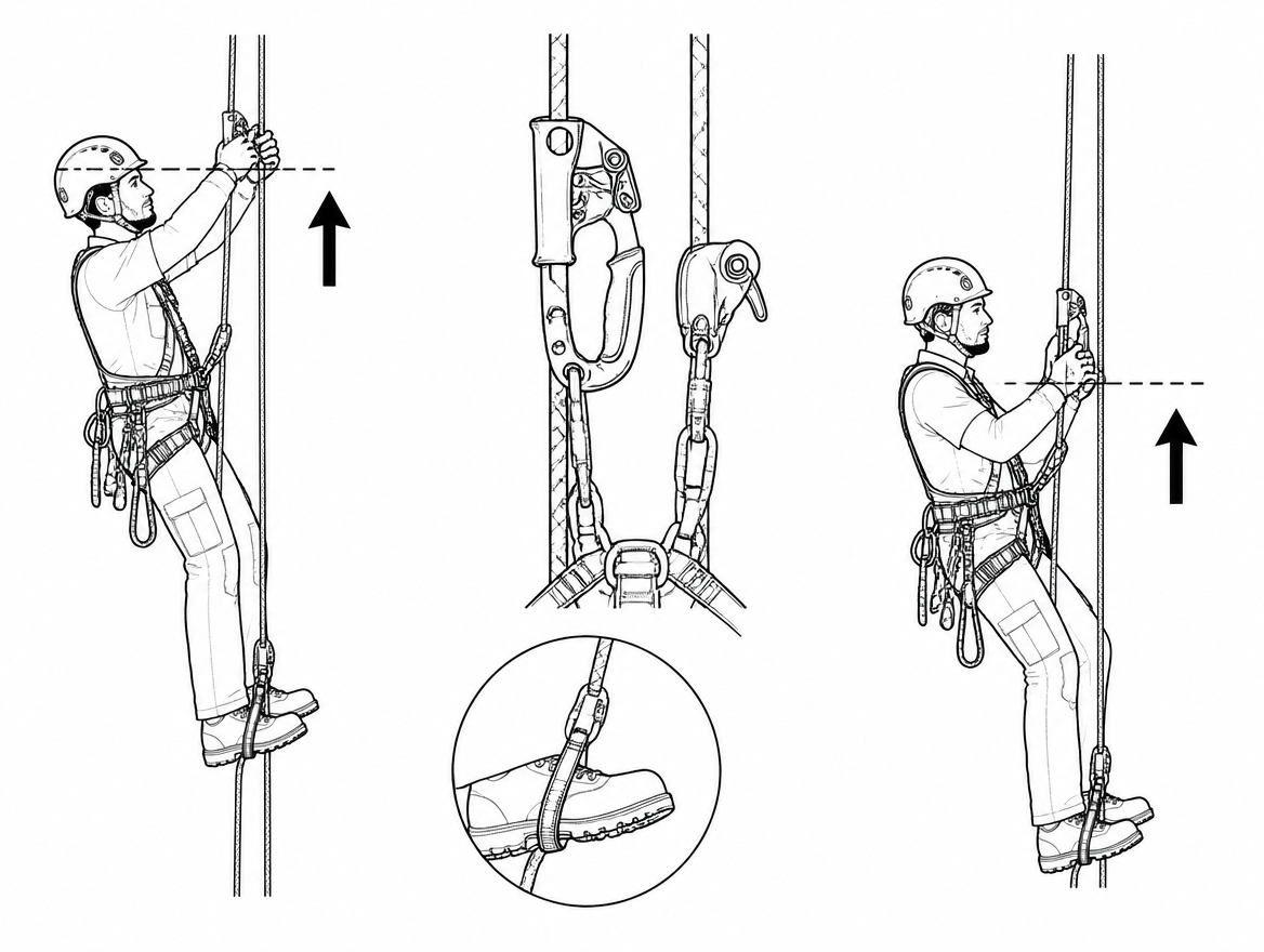Calibration check: at full extension the handled ascender should sit around forehead height with straight arms. Chest height means the foot loop is too long.