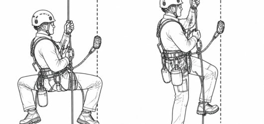 Frog set-up (left) versus rope-walking set-up (right); in both cases the safety line, shown dashed, is independently rigged with its own backup device
