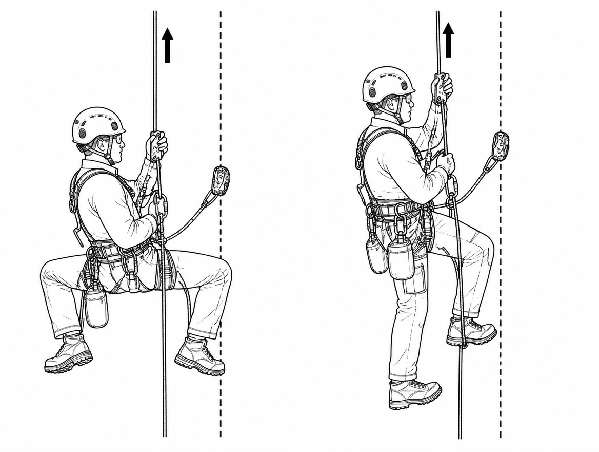 Frog set-up (left) versus rope-walking set-up (right); in both cases the safety line, shown dashed, is independently rigged with its own backup device.