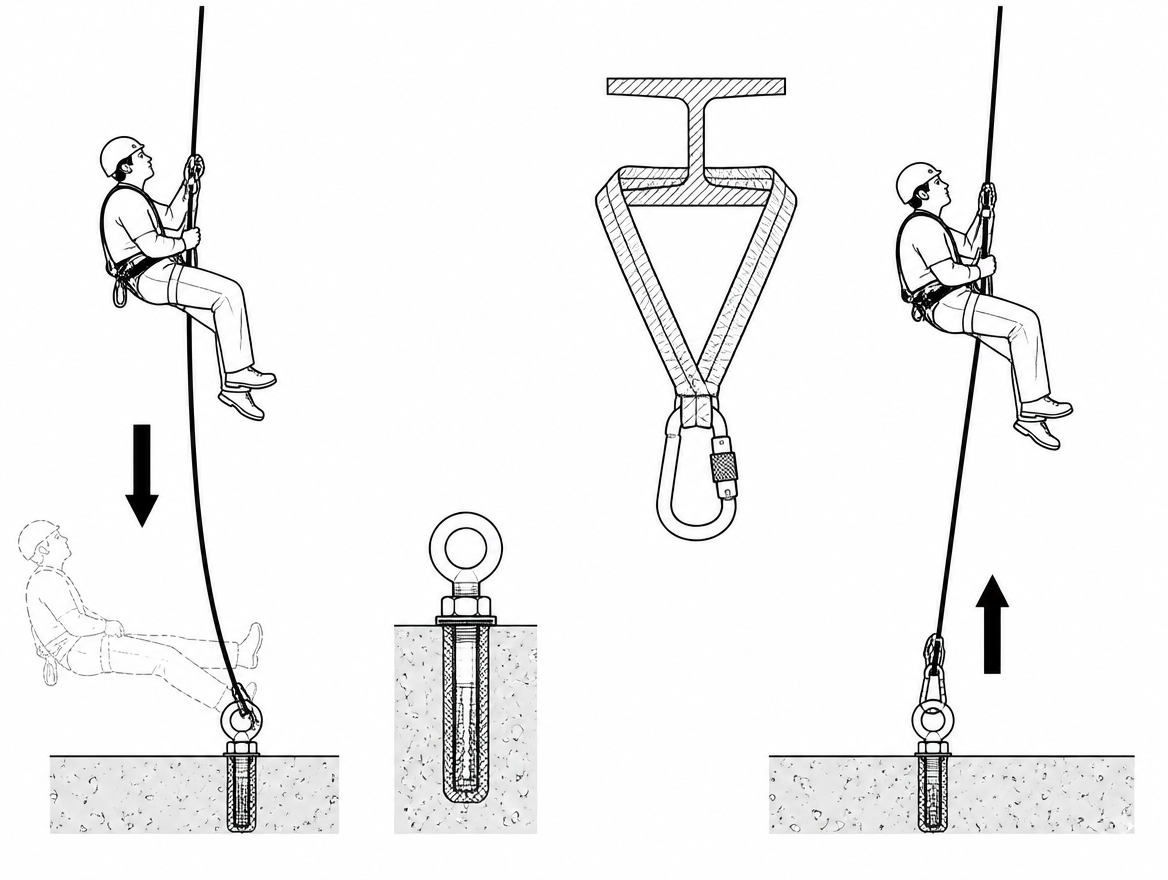Tensioning the lower end at a rated anchor stops the rope absorbing stroke length — use a rated anchor point per the site anchor plan, never a handrail.