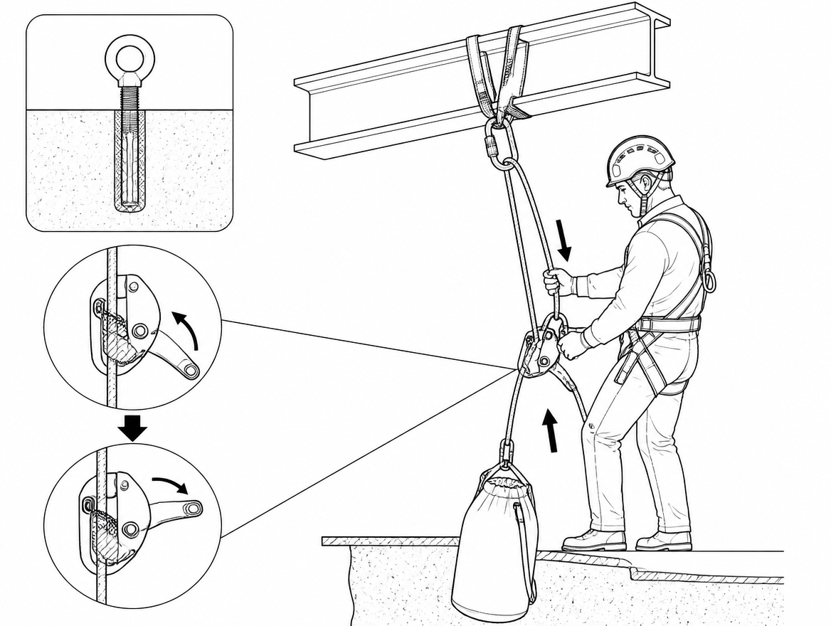 Control comes from the brake hand on the free strand; the handle only modulates how far the cam releases. The tail is managed into a bag before the lower begins.