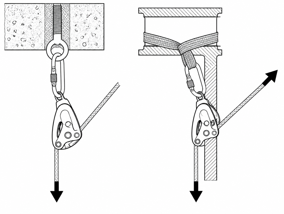 Correct: the descender hangs free and aligns with the pull. Incorrect: an off-axis haul traps the device against the structure and can prevent the cam from rotating.