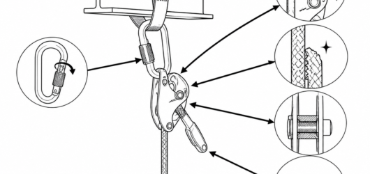 Pre-use check: cam rotates freely and returns, teeth clean, side plate and axle sound, connector sleeve fully locked, rope free of glazing or flat spo
