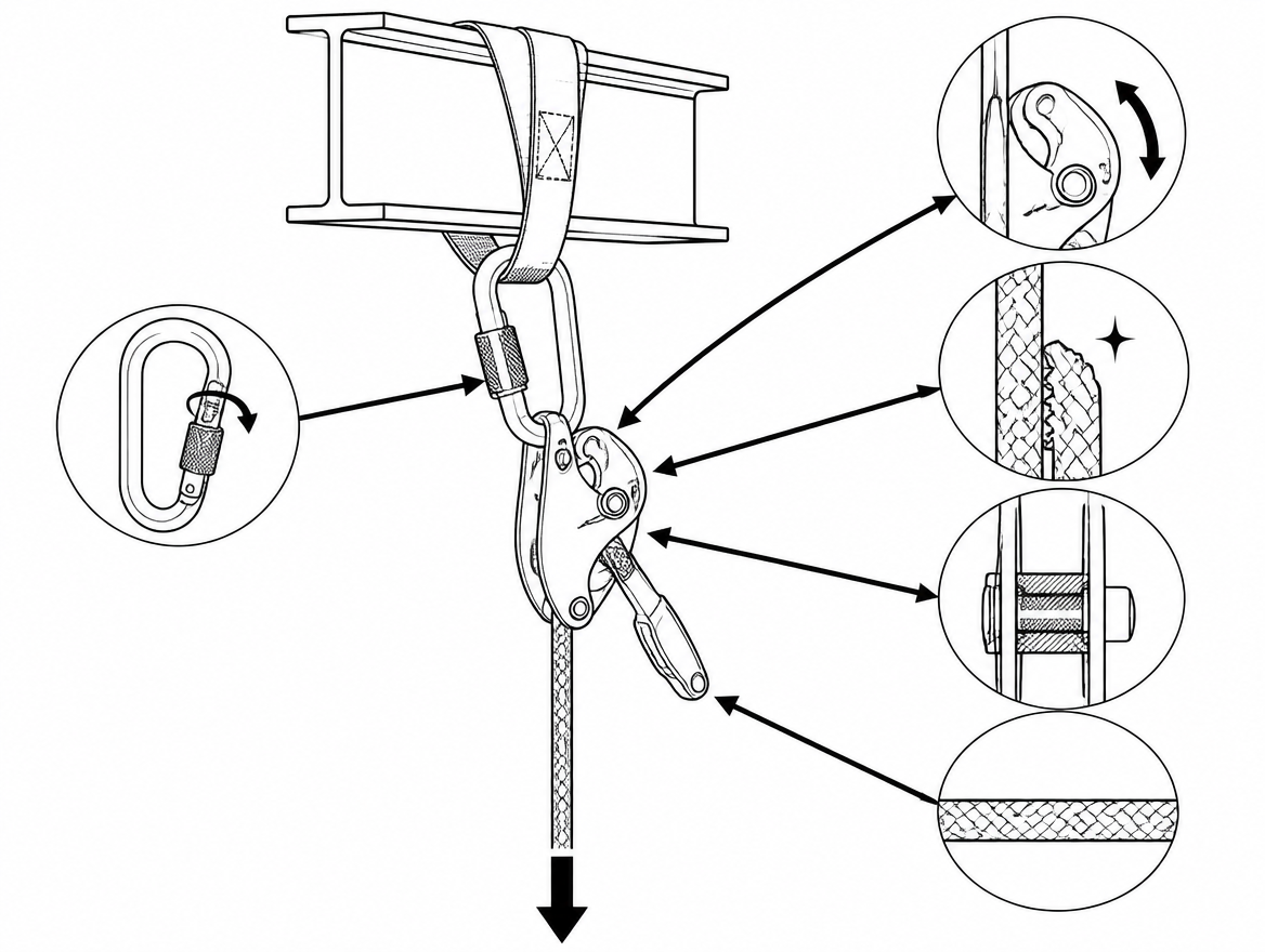 Pre-use check: cam rotates freely and returns, teeth clean, side plate and axle sound, connector sleeve fully locked, rope free of glazing or flat spots where it runs through the d