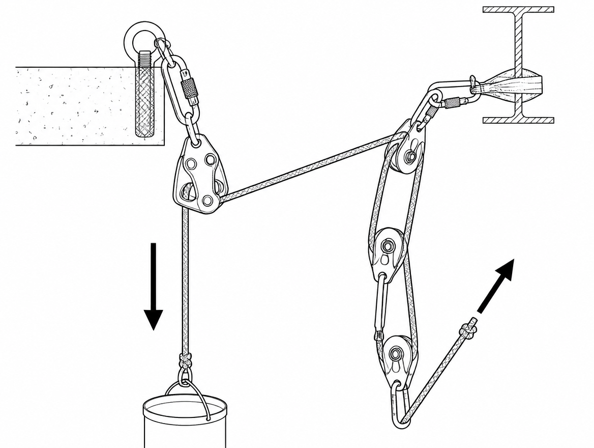 Typical layout: the descender at the anchor holds and lowers, while a 3:1 built on the free strand does the raising.