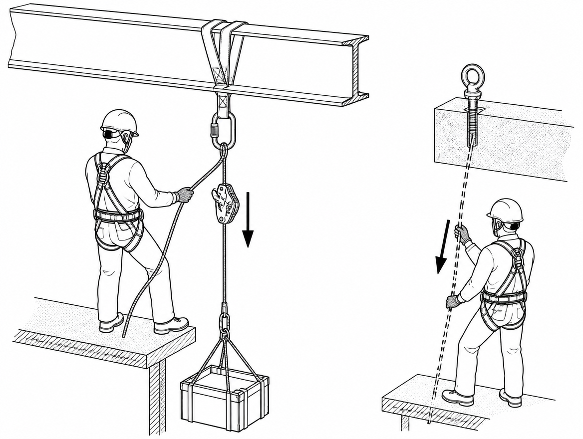Working line (solid) on the descender at the anchor; the safety line (dashed) is on an independent anchor with its own operator throughout the operation.