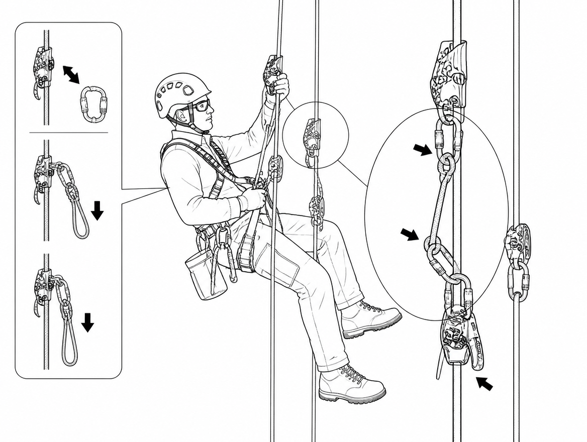 Changeover to raise: the progress capture is added on the load side, the Z-rig is built on the same rope, and the descender stays rigged as the return path.