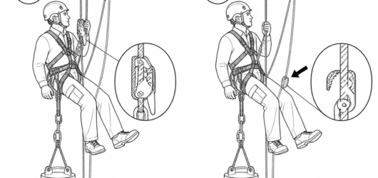 Correct: the descender stays captive in the loaded line. Incorrect: descender removed, load held only on a toothed cam with no controlled way to relea