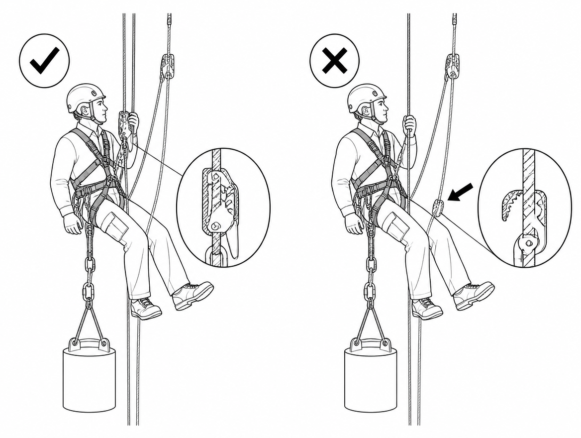 Correct: the descender stays captive in the loaded line. Incorrect: descender removed, load held only on a toothed cam with no controlled way to release it.