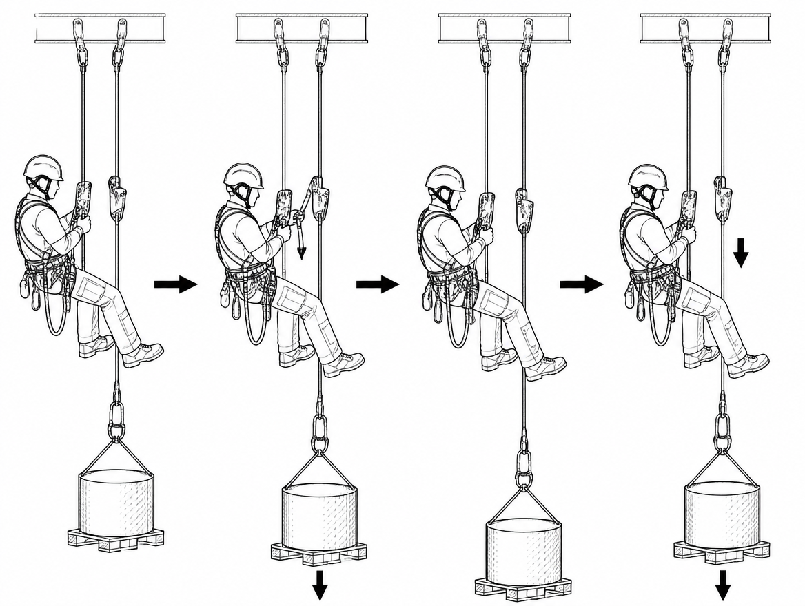 A load-releasing arrangement gives a controlled way to shift tension off the progress capture and back onto the descender before lowering resumes.