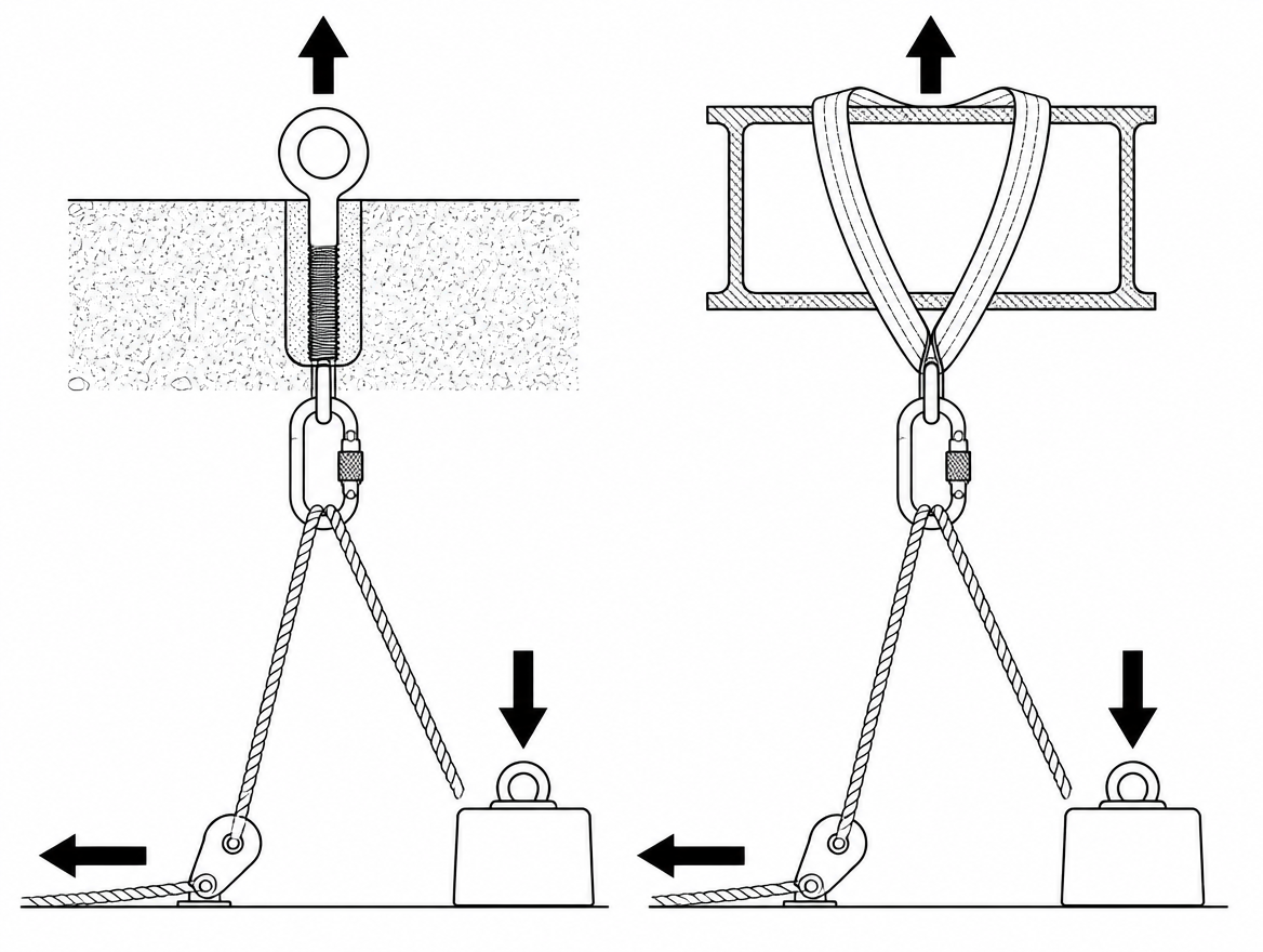 Arrow thickness shows relative force: in both configurations the anchor carries the load plus the haul force, approaching twice the load in a redirected Z-rig.