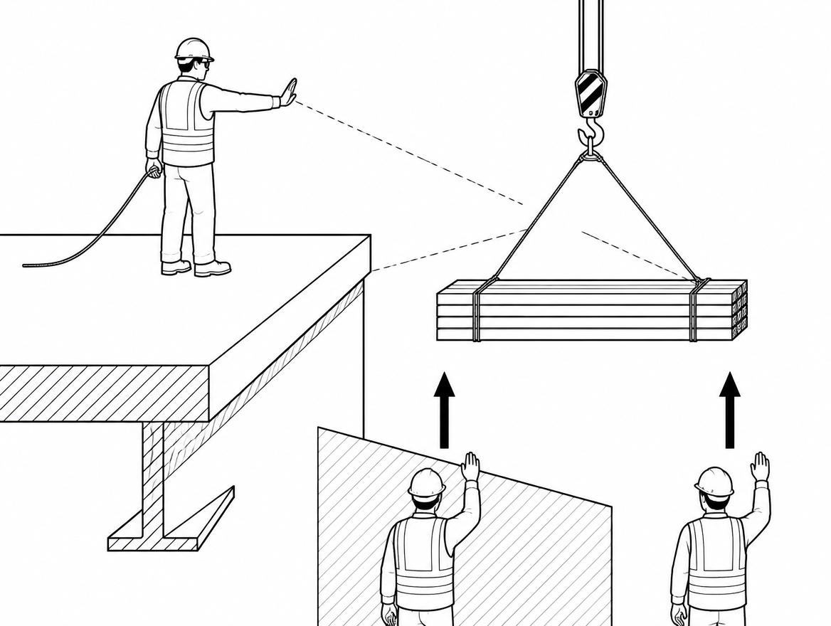 The edge attendant is the only person who can see the load and the edge, and holds an unconditional stop call.