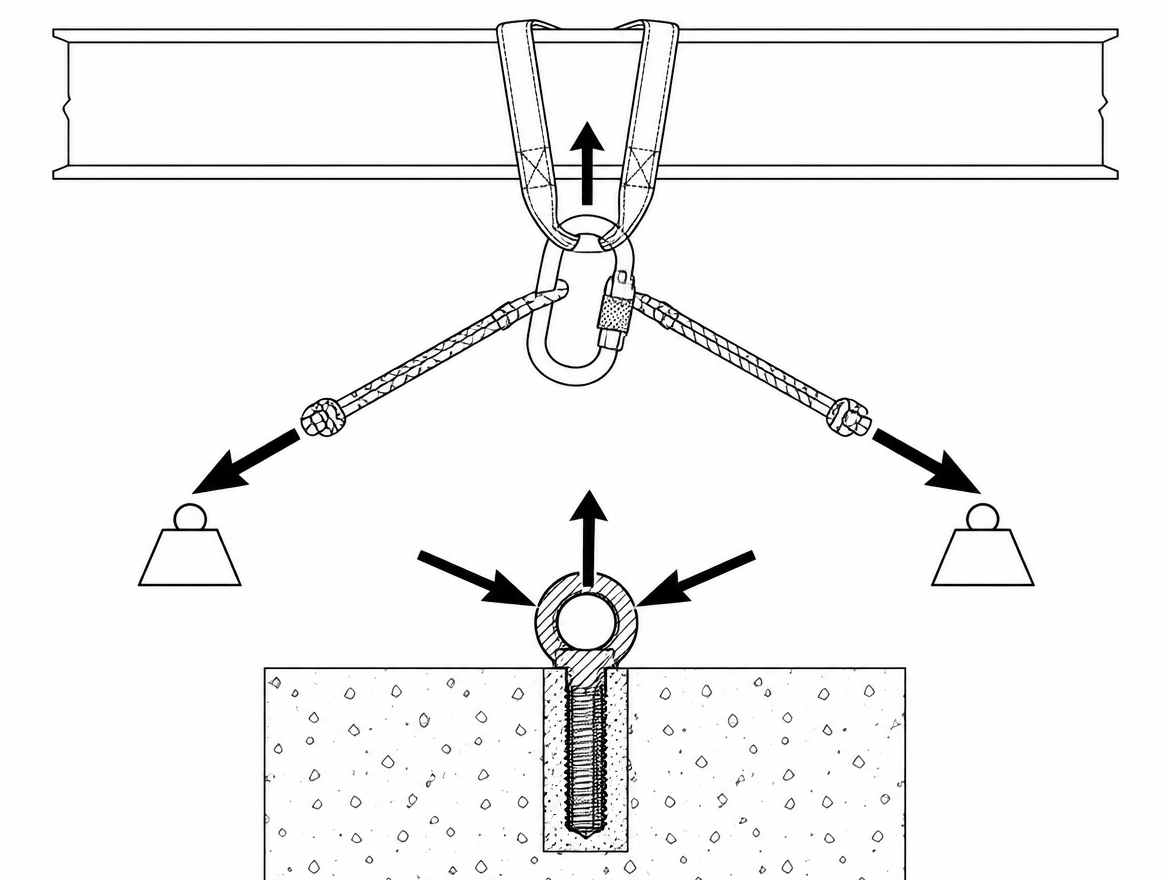A 180° redirect at the anchor roughly doubles the force: 250 kg (≈2.45 kN) becomes about 5 kN at the anchor point.