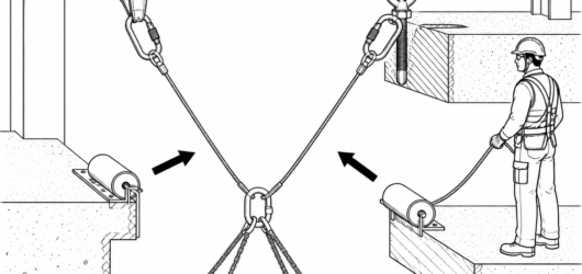 Two independent systems on separate anchors, each rated for the full load, with roller edge protection and a dedicated edge attendant.
