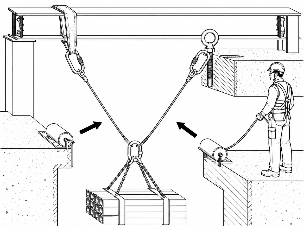 Two independent systems on separate anchors, each rated for the full load, with roller edge protection and a dedicated edge attendant.