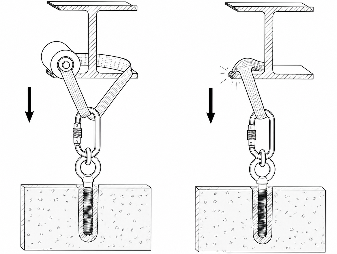 Correct: roller edge protection maintains a large bend radius. Incorrect: an unprotected arris abrades and compresses the sheath under a 250 kg load.