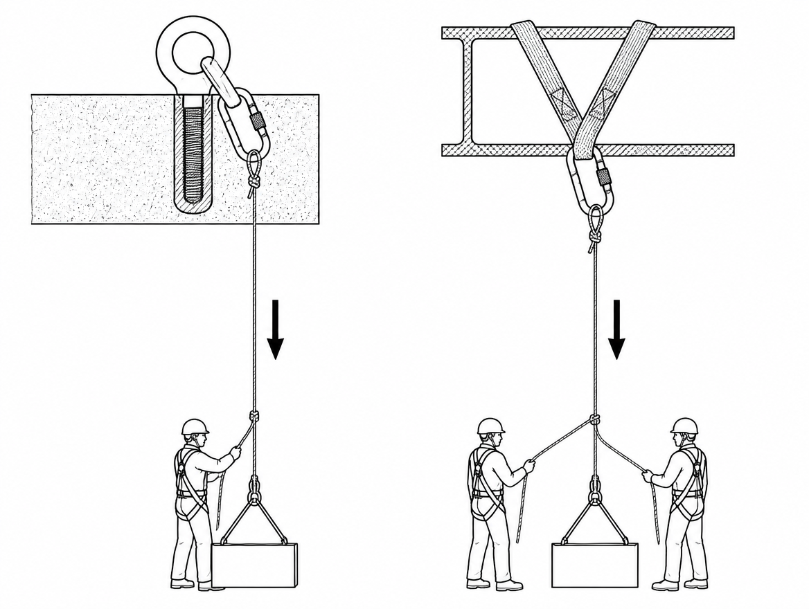 A 200 kg load on a lowering line is not simply twice as demanding as a 100 kg load. Somewhere between one person and two, the operation leaves the certification envelope that most 
