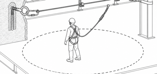Line route defines the working zone: the user's reachable area is set by lanyard length and cable position, not by how far they can stretch.