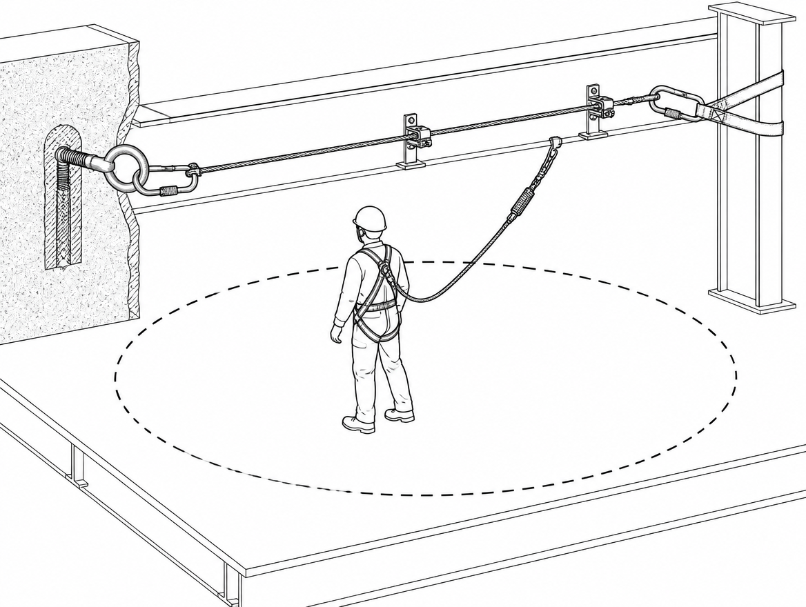 Line route defines the working zone: the user's reachable area is set by lanyard length and cable position, not by how far they can stretch.