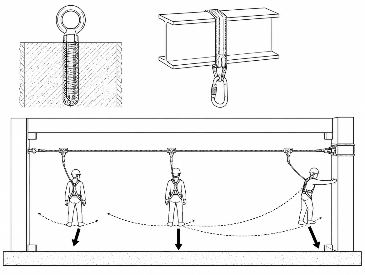 Swing fall is controlled by layout: the further a user works off the line, the longer the pendulum and the greater the chance of striking structure.