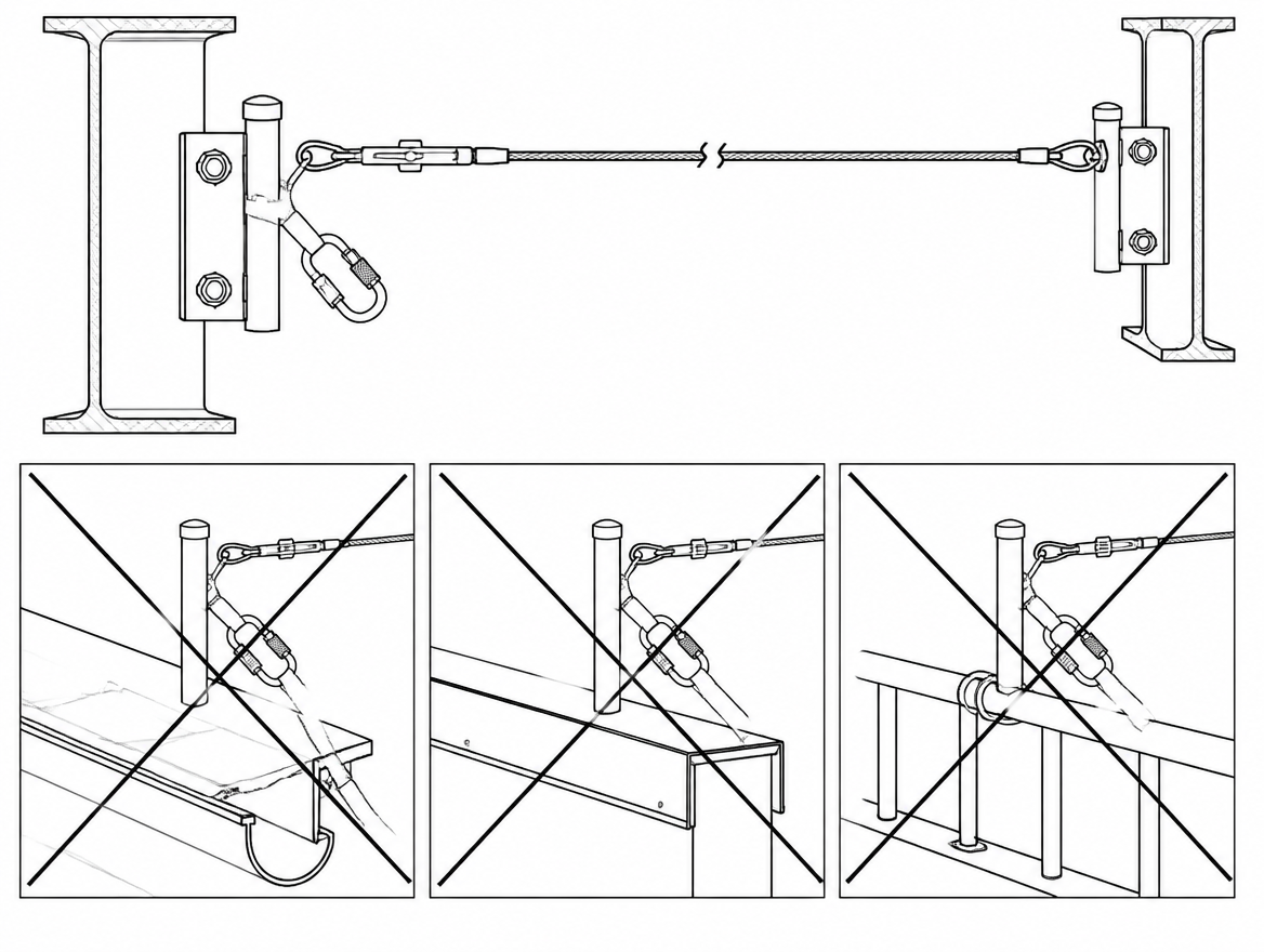 Correct: end post fixed into verified structural steel. Incorrect: gutters, edge trim and handrails are not anchorage structures.