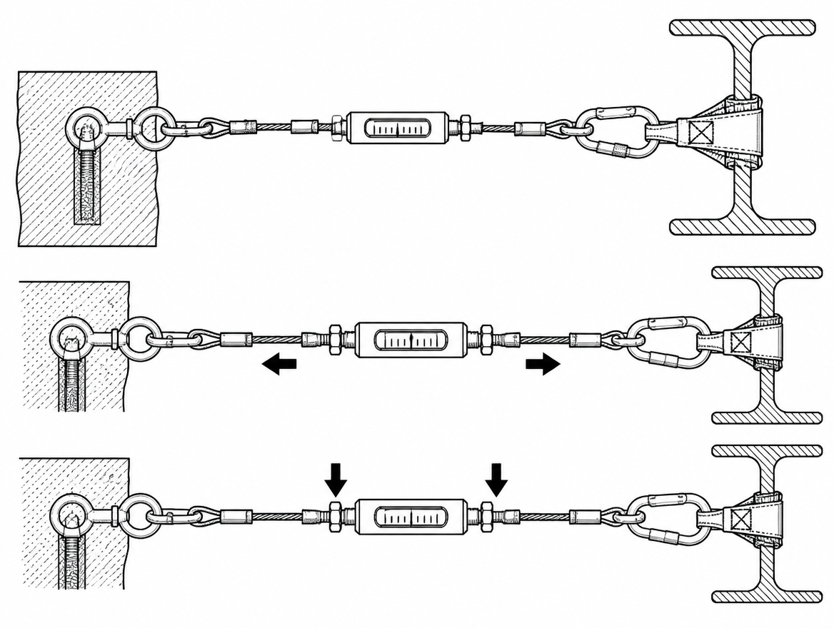 Pre-tension is set to the manufacturer's specified value using the supplied tension indicator, then re-checked once the line has settled.