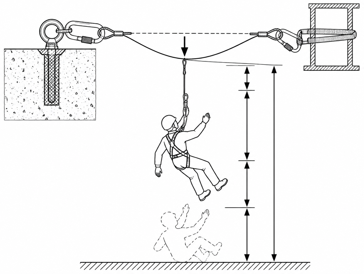 Cable deflection is added on top of the arrest distance figure quoted for a rigid anchor point — omitting it is the most common clearance error.
