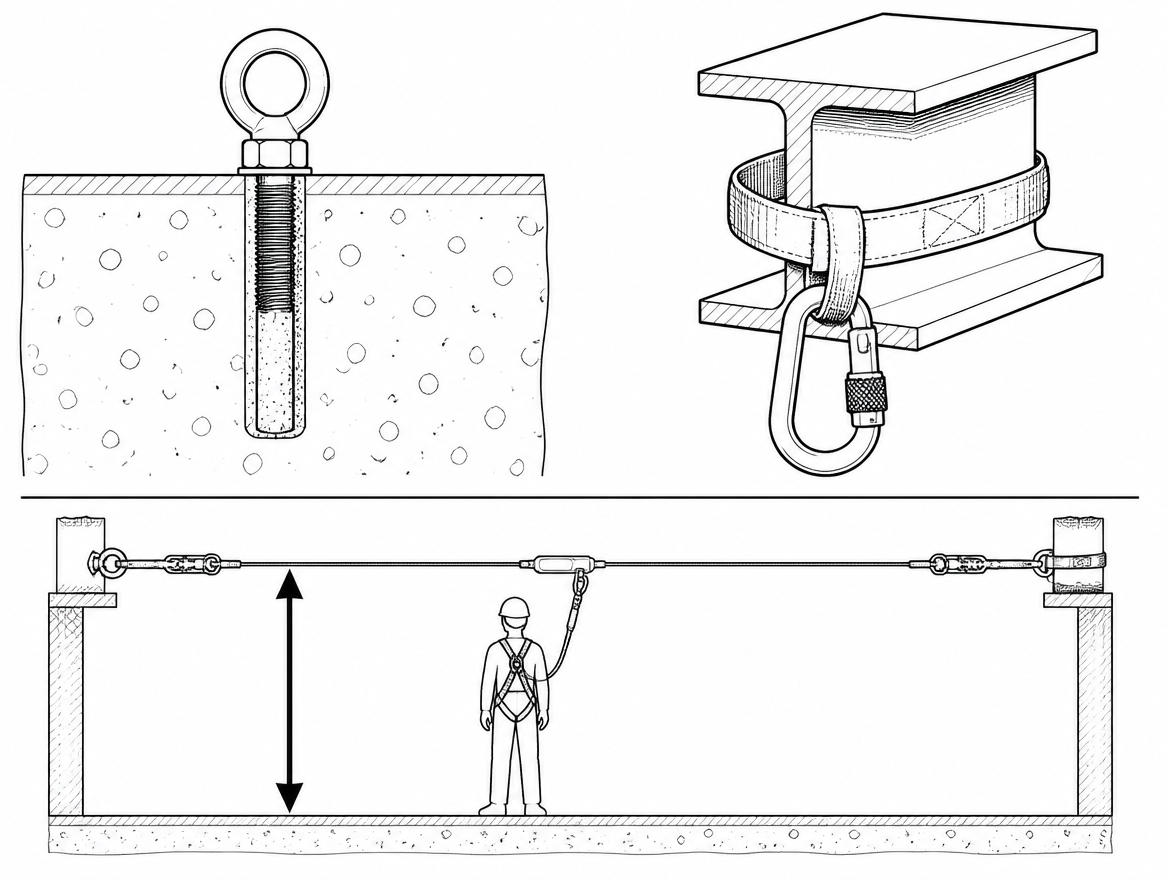 A horizontal life-line is only as good as the structure it is bolted to and the clearance under it. Most of the work in a compliant horizontal life-line installation happens before